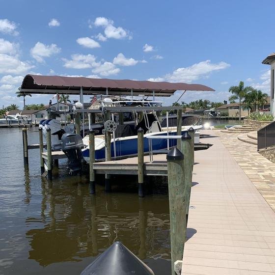 Center-console on a covered boat lift