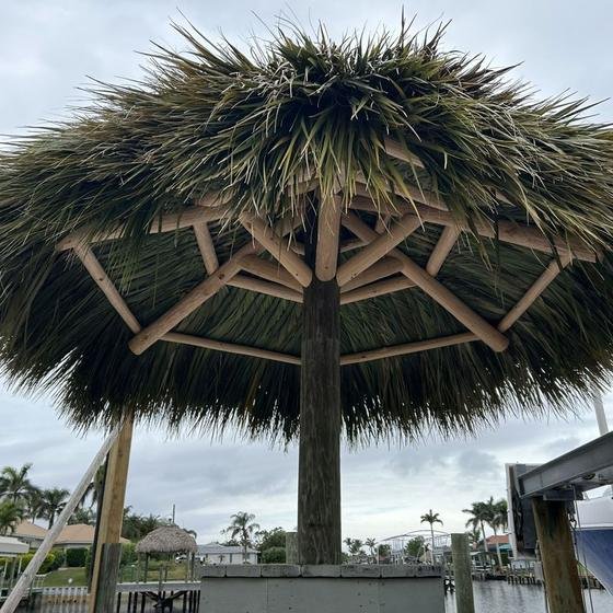 Newly thatched tiki hut roof seen from below
